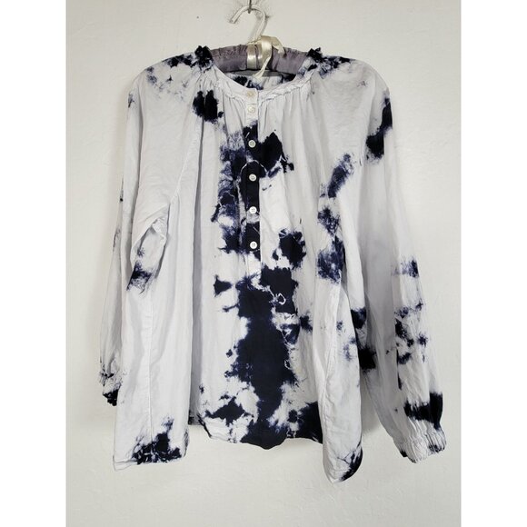 Raquel Allegra Womens Tie-Dye Long Sleeve Button Blouse Blue/White 100% Cotton - Picture 1 of 11